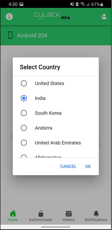 Select Country Screen- CyLock
